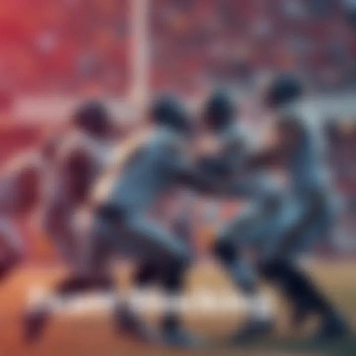 A group of players working together to block an opponent during a football game, demonstrating teamwork and technique.