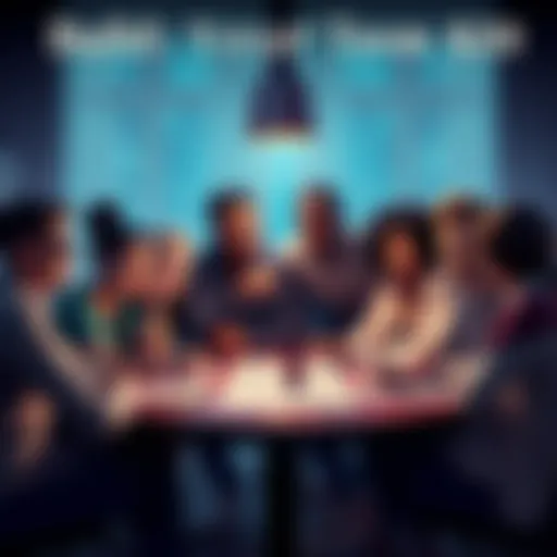 A group of diverse characters strategizing around a table with a budget of $20, planning how to confront Father