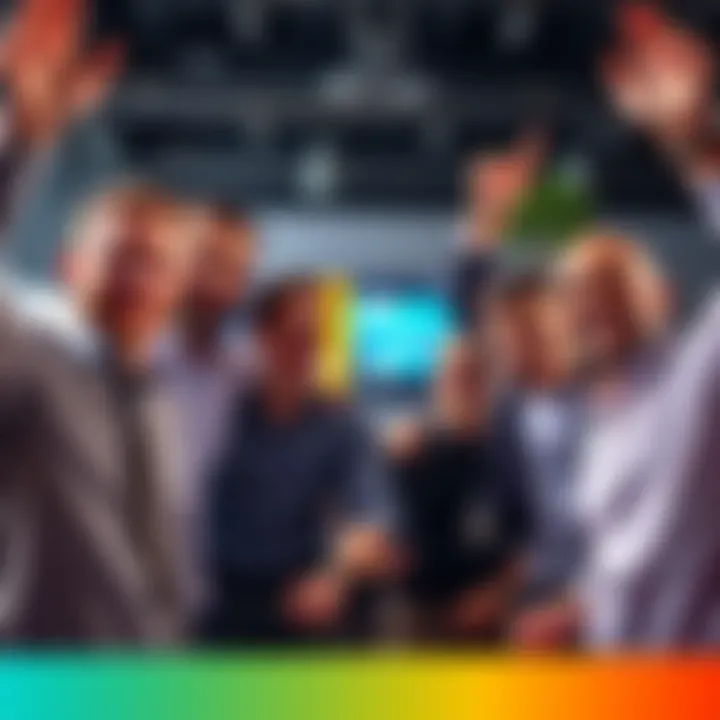 A team of professionals celebrating their achievement of completing a task under two minutes for the UI SEZA project, smiling and looking proud.