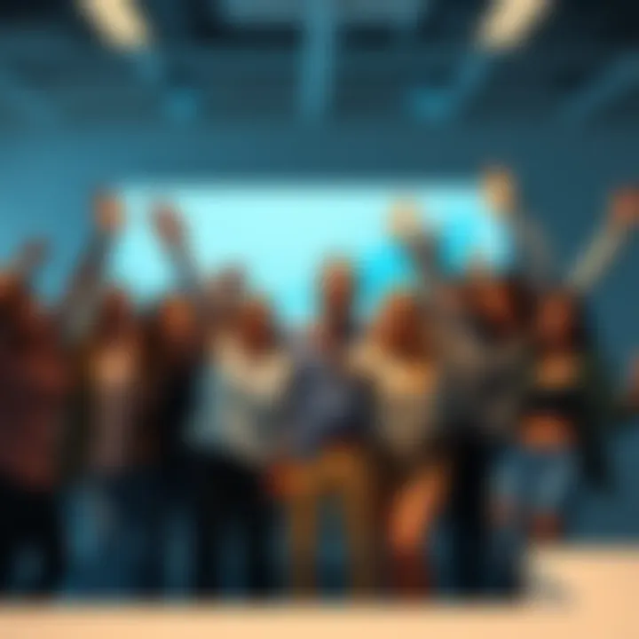 A diverse group of people joyfully celebrating in an office, with charts showing progress in the background, symbolizing achievements toward goals.