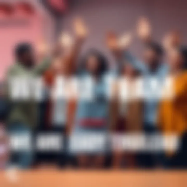 A group of diverse team members high-fiving and smiling, showing enthusiasm for teamwork and leadership. They are united and ready for success.