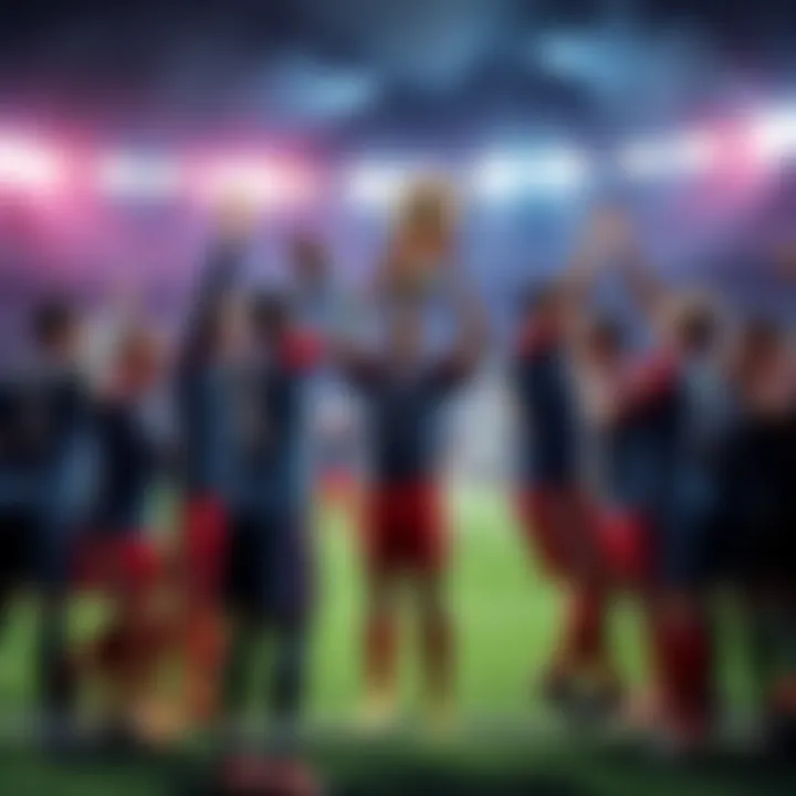 A sports team celebrating a victory, holding a trophy and cheering together on the field.