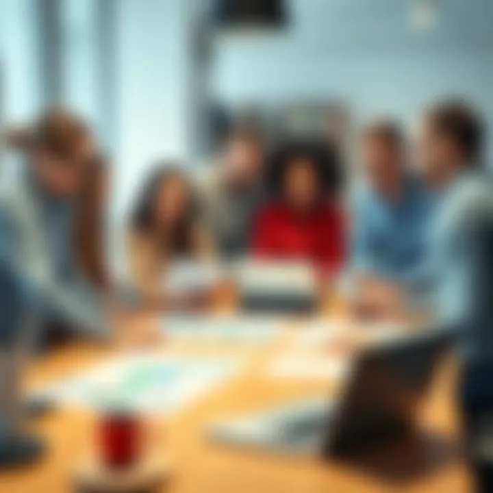 Team members collaborating A diverse group of team members working together around a table with charts and laptops