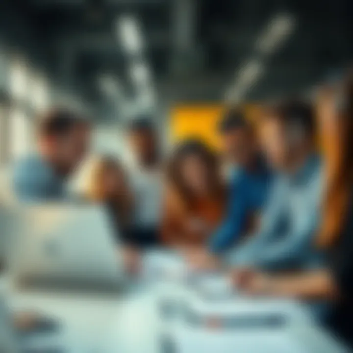 A diverse group of team members brainstorming together in an office setting, highlighting teamwork and potential talent.