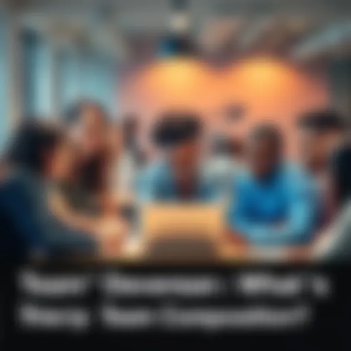 A group of diverse people working together around a table, discussing ideas and looking at a laptop.