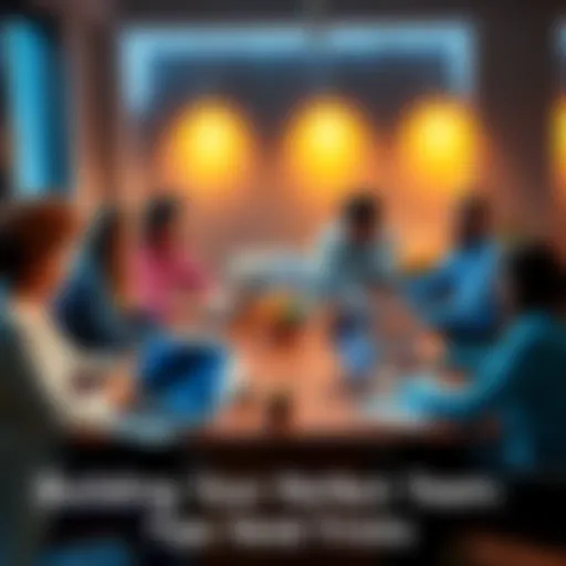 A diverse group of people working together around a table with laptops and notepads, brainstorming ideas for a project.