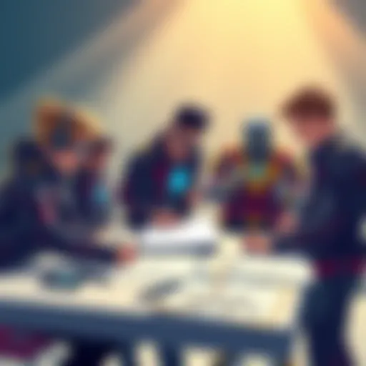 A group of designers discussing and sketching concepts for Deku's superhero suit, showcasing their creative process.