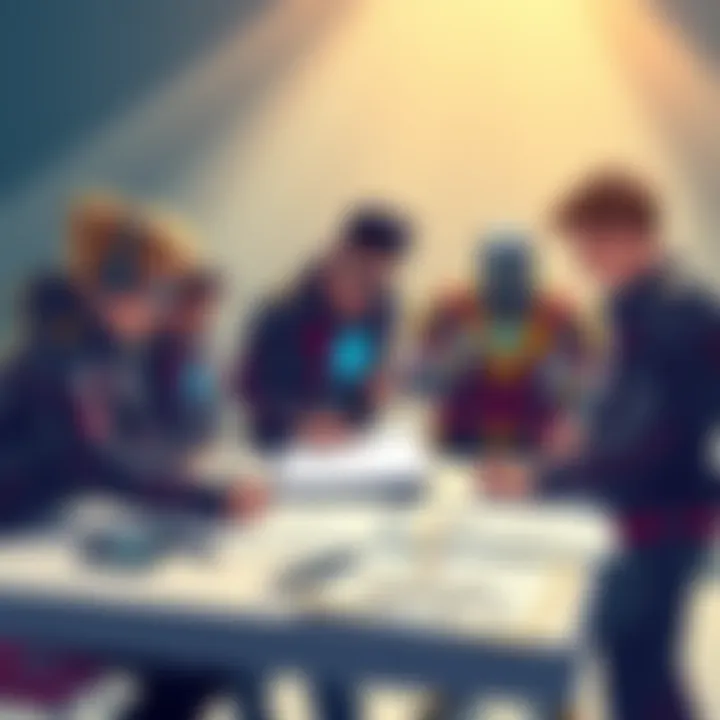 A group of designers discussing and sketching concepts for Deku's superhero suit, showcasing their creative process.