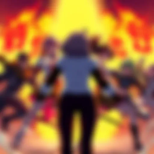 A dramatic scene of Team 'Nah I'd Win' confronting Tatsumaki in a 4v1 battle, showcasing their determination and strategy as they prepare to engage her in combat.