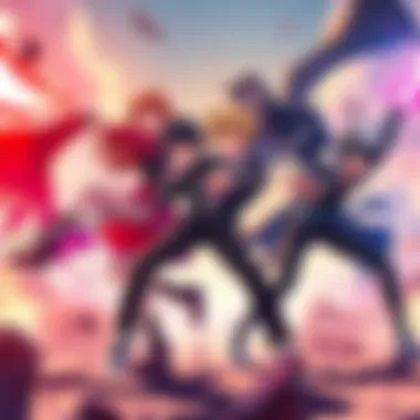 Team RWBY members in dynamic action poses, showcasing their improved fighting skills against the ace-ops, each character displaying unique abilities and determination.