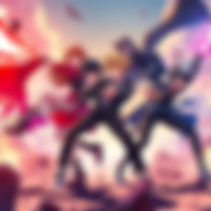 Team RWBY members in dynamic action poses, showcasing their improved fighting skills against the ace-ops, each character displaying unique abilities and determination.