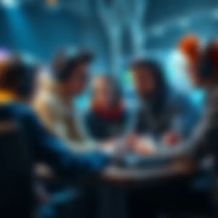 A group of players discussing strategies and teamwork in a gaming setting