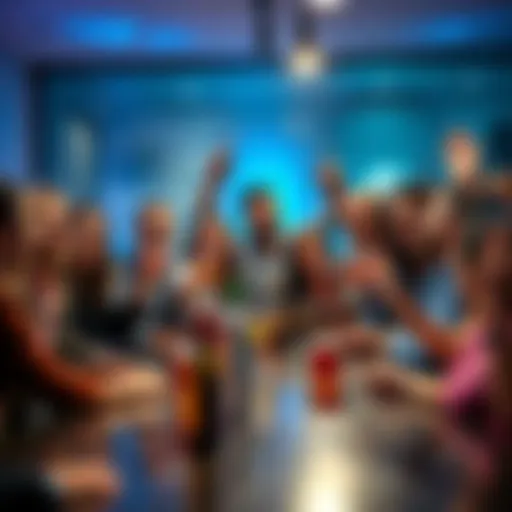 A team gathered around a table with celebratory drinks, smiling and cheering for their 51st account sold.