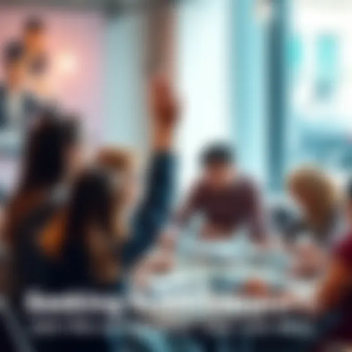 A diverse group of people talking around a table, one person raising their hand, showing eagerness to contribute to the conversation about team support.