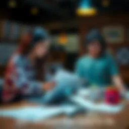 A person and a friend working together on editing a document, sharing ideas and improving skills, with papers and laptops on the table.