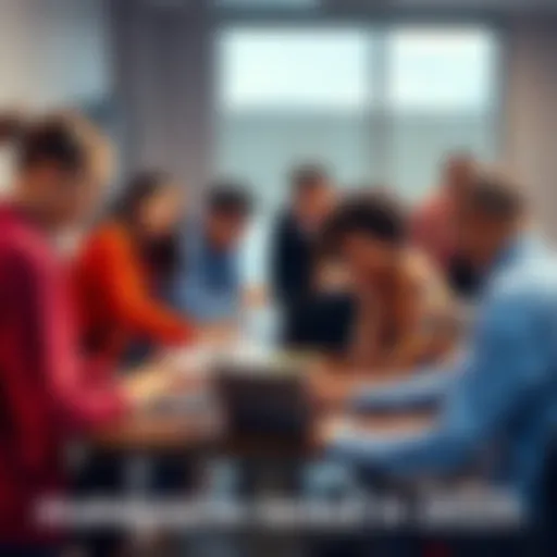 A diverse group of people collaborating around a table with documents and laptops, focused on achieving progress together.