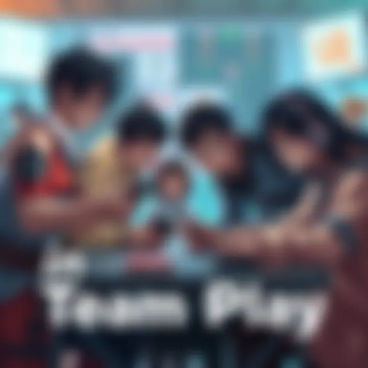 Players collaborating in a video game setting, showcasing teamwork and strategy among diverse characters