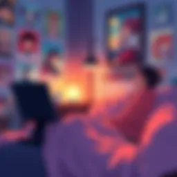 An 18-year-old sitting in a cozy room, watching anime on a laptop with posters of favorite characters on the wall, showing joy and passion for the anime culture