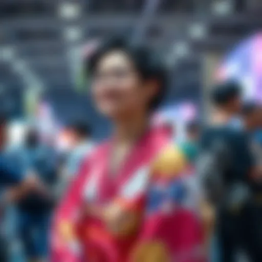 A middle school attendee in a colorful kimono looks excited at Otakon, surrounded by other fans in costumes.