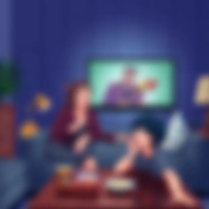 A 15-year-old boy and his mother sitting together on a couch, excitedly watching JoJo's Bizarre Adventure on a television. Snacks are on the table in front of them.