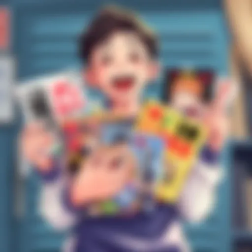 Teen Manga Collector Holding Books A 17-year-old manga collector excitedly holds various manga books, including The Climber and Pluto, with a bright smile on their face.