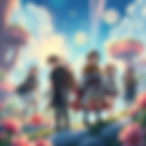A group of teenage characters dressed in fantasy attire, exploring a vibrant new world filled with adventure, showcasing themes of reincarnation.