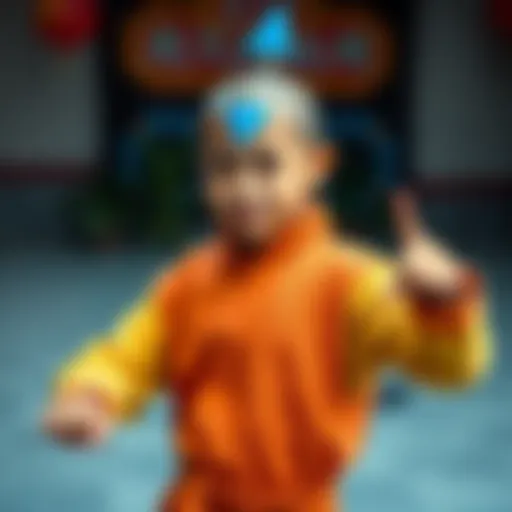A teenager wearing a colorful Aang cosplay costume with a blue arrow on the forehead, complete with orange and yellow garments, standing in a fun pose