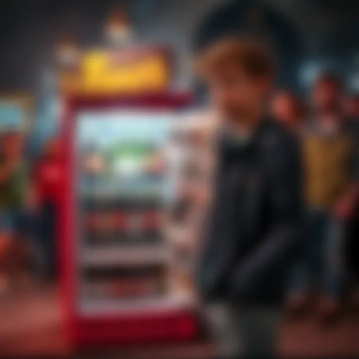 A 17-year-old boy standing next to a portable fridge filled with beer cans, looking surprised while onlookers watch with curiosity.