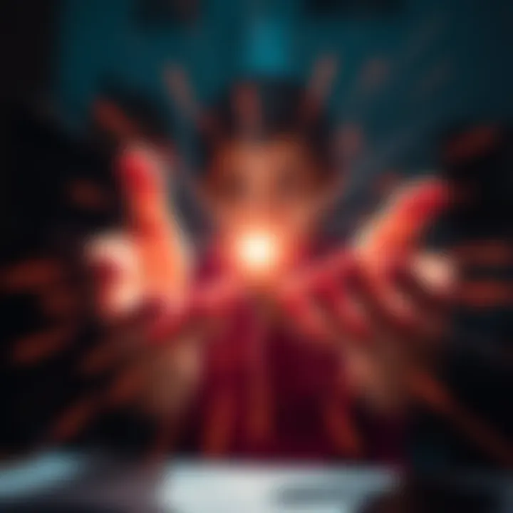 A person demonstrating the use of temporal holy ray with glowing light beams in their hands, focusing on a project