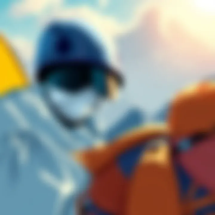 Illustration of a person wearing a temporary hat for climbing, showcasing enhanced lung capacity and physical skills, surrounded by camping gear and mountain scenery.