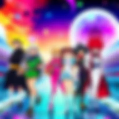 Tenchi Muyo! Ryo-Ohki Characters A group of main characters from Tenchi Muyo! Ryo-Ohki standing together in a colorful sci-fi setting