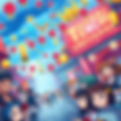 A colorful celebration scene featuring characters from Tenchi Universe, surrounded by festival decorations and fans enjoying the event.