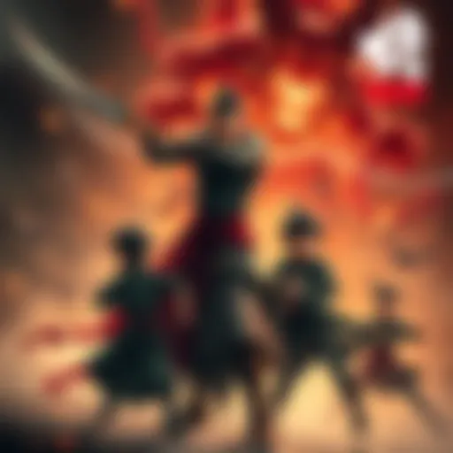 Tengen Uzui in battle Tengen Uzui stands determined, wounded but fierce, as he protects three children from a powerful demon, showcasing his strength and resilience.