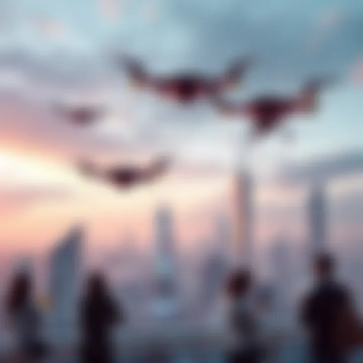 A futuristic city skyline showcasing advanced Tengu technology with flying drones and smart devices in use by people.