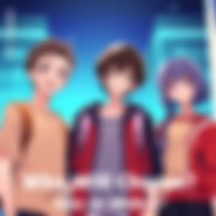 Tenma stands between Aoi and Midori, showing their different personalities. Aoi is smiling and warm, while Midori appears shy yet hopeful. The background hints at their school setting.