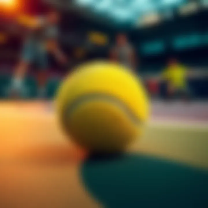 Tennis Ball Making Sound A close-up of a tennis ball on a court, vibrating as if it is making a sound, with players in the background looking surprised.
