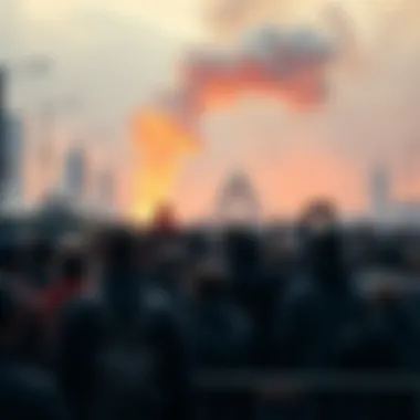 A crowd of worried people gathered, looking towards a distant smoke plume, with police and barriers in the foreground.