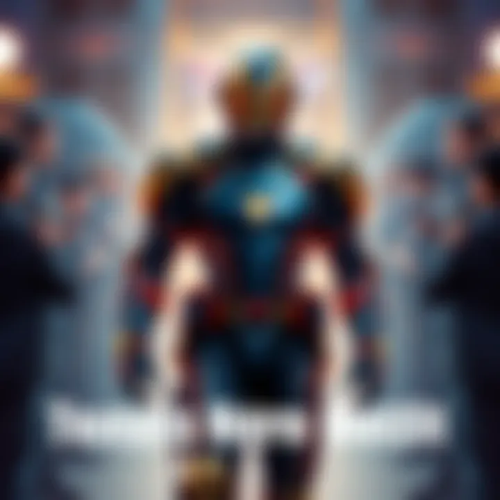 A superhero in an armored suit showcasing a mix of style and functionality, surrounded by fans discussing favorite hero outfits.
