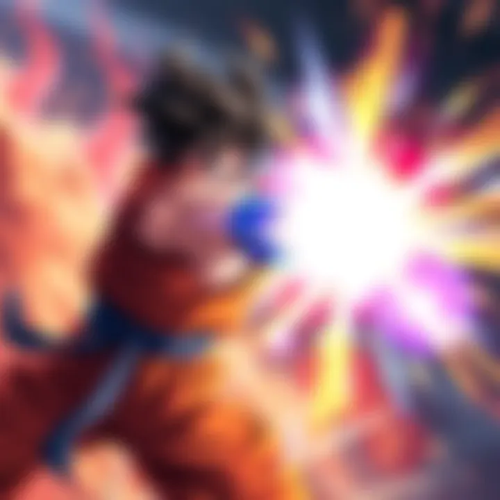 Teq Kaioken Goku performs a powerful attack, surrounded by energy blasts, showcasing his strength in battle.