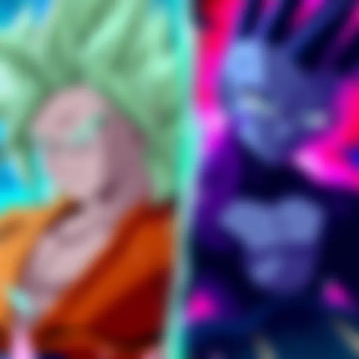 A split image showing Teq Broly on one side, looking fierce, and Int Zamasu on the other side, appearing solemn. Fans discussing their characters in a forum setting.