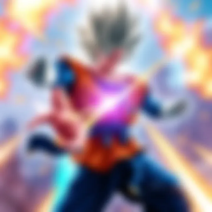 TEQ Super Vegito showcasing his powerful stance and aura during a battle scene, surrounded by energy blasts and vibrant colors, emphasizing his unique strength among Saiyans.