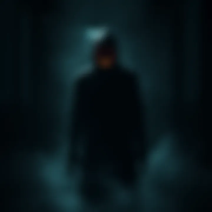 A shadowy figure with glowing red eyes and a menacing grin stands in a darkened room surrounded by eerie shadows.