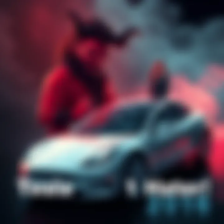 A person representing Hades stands with a frown beside a Tesla car, symbolizing rivalry and disdain.