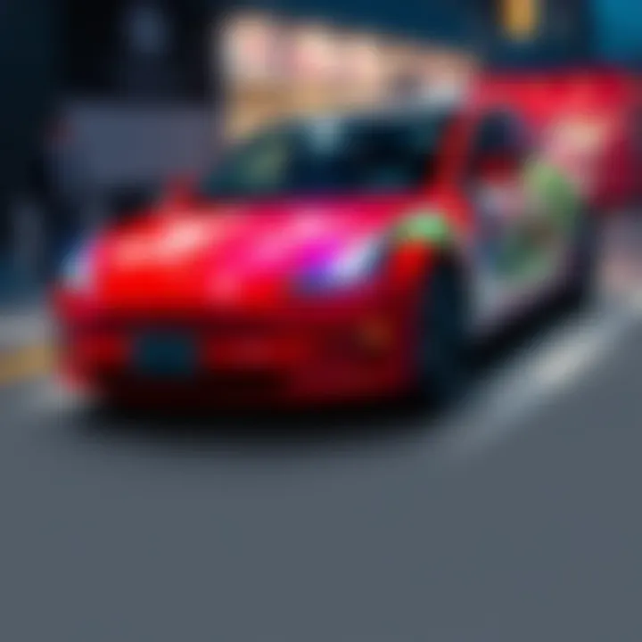 A Tesla car features colorful Touhou characters and designs, highlighting a unique hijacking incident, with a worried owner nearby.