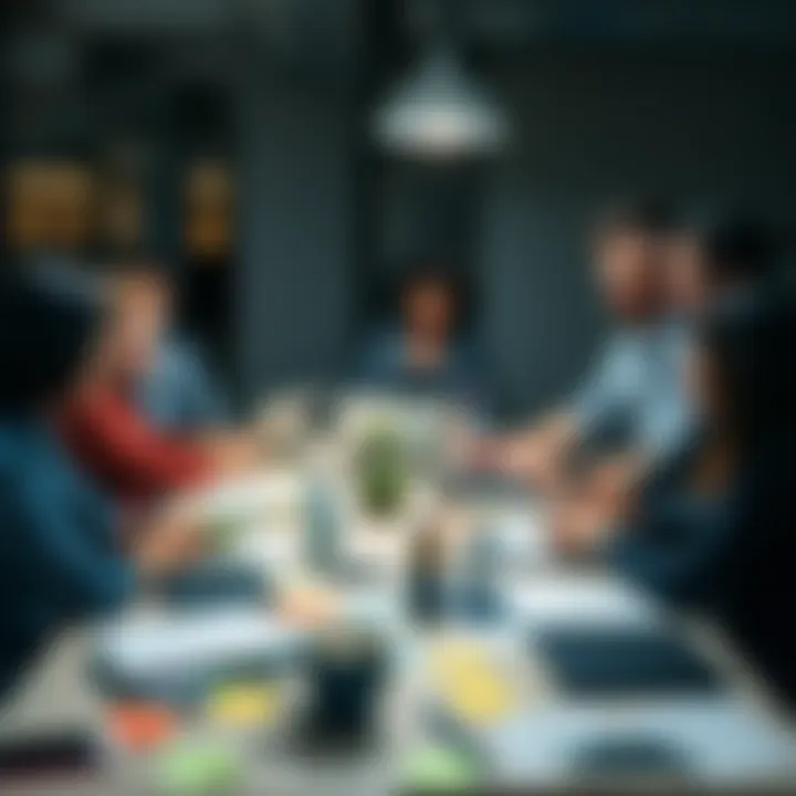 A group of diverse people brainstorming and sharing ideas around a table filled with notes and laptops, showcasing collaboration and creativity.