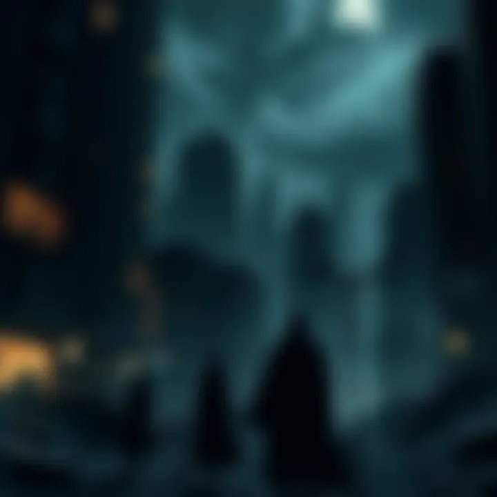A dark and bleak cityscape representing the themes of social decay and existential dread in Texhnolyze, with shadowy figures in the foreground.