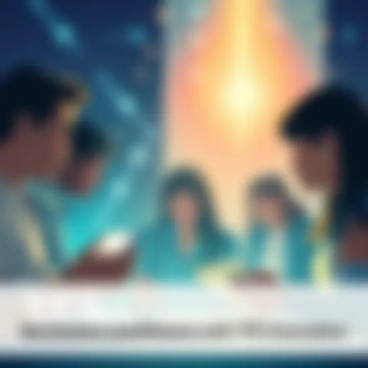Illustration showing a group of diverse people collaborating and engaging with digital tools to enhance community interaction.