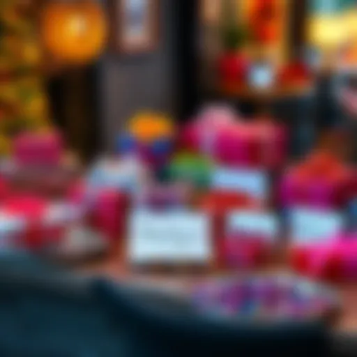 A variety of unique thank you gifts, including wrapped presents and heartfelt cards, displayed on a wooden table