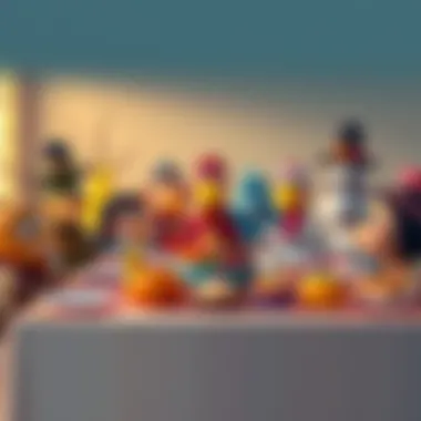 Thanksgiving character ranking A colorful table set for Thanksgiving with various animated characters chatting and enjoying food, showcasing their personalities and traits