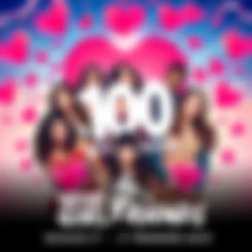 A colorful poster showcasing the main characters of The 100 Girlfriends surrounded by hearts and playful elements, indicating romance and humor in the series.